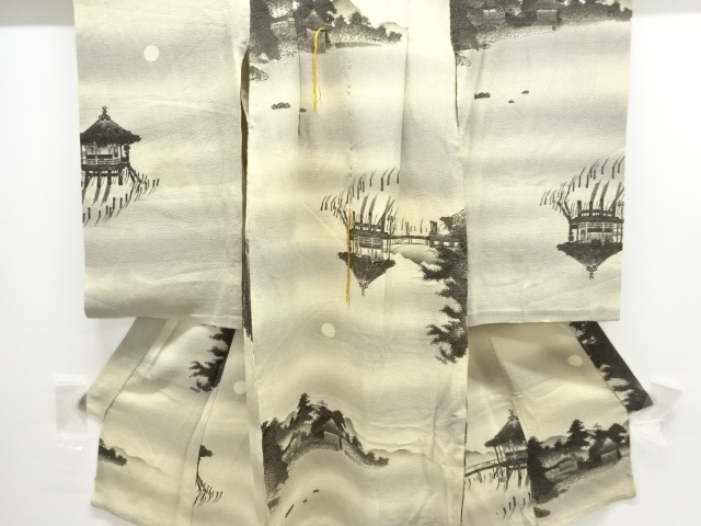 JAPANESE KIMONO / ANTIQUE EDO CHIJIMI MOON / LANDSCAPE PATTERN HITOE K